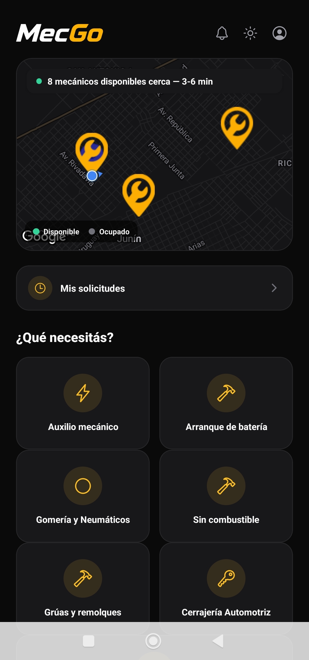 Pantalla principal del cliente, mostrando mecánicos disponibles cerca en el mapa